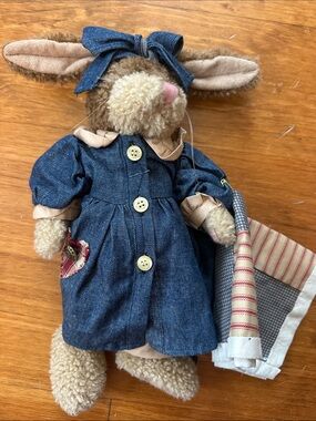 Boyds Bears Plush Bunny in Blue Denim Dress with Pink Nose